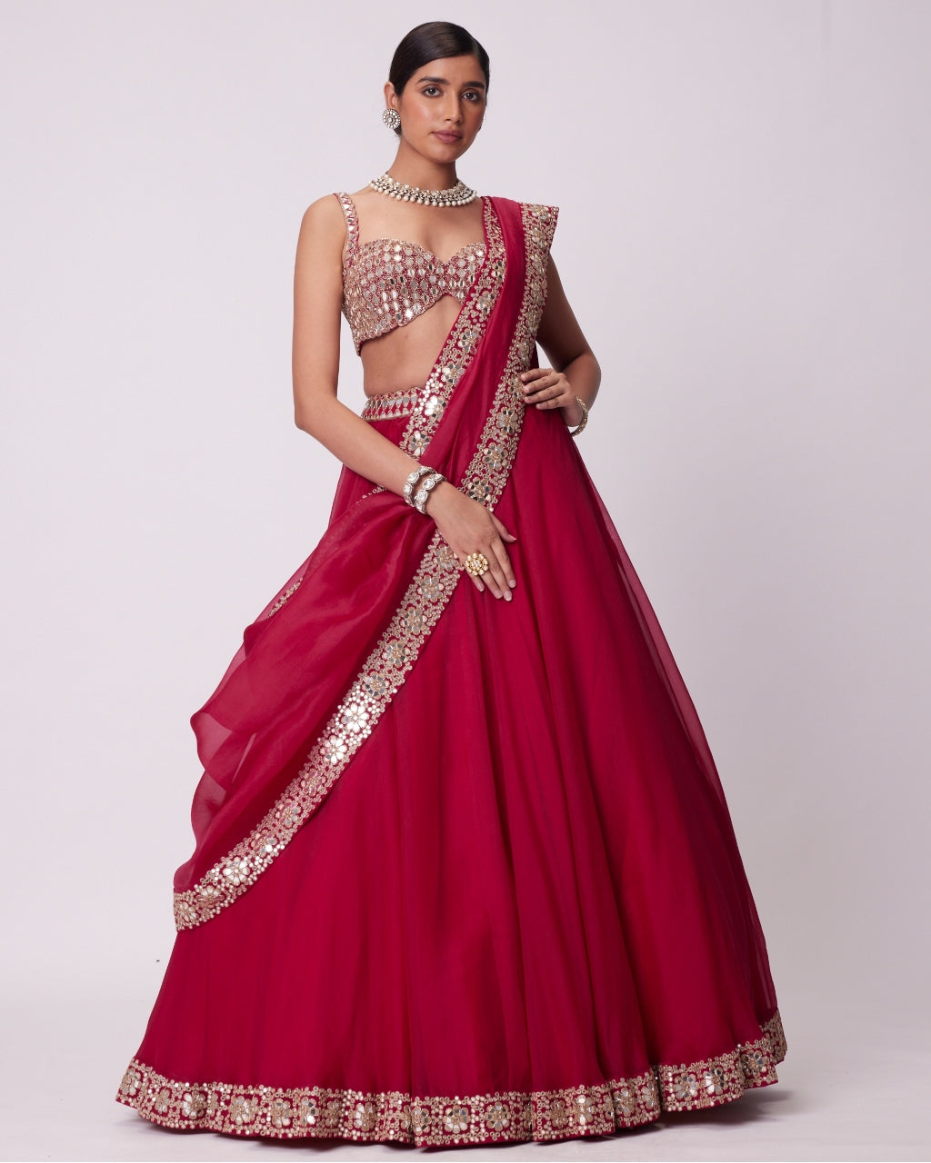 Crimson Red Organza Hand Embroidered Lehenga Set