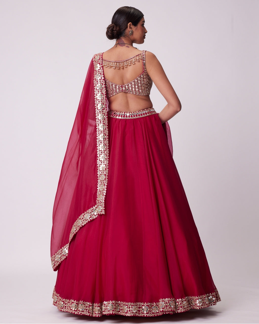 Crimson Red Organza Hand Embroidered Lehenga Set