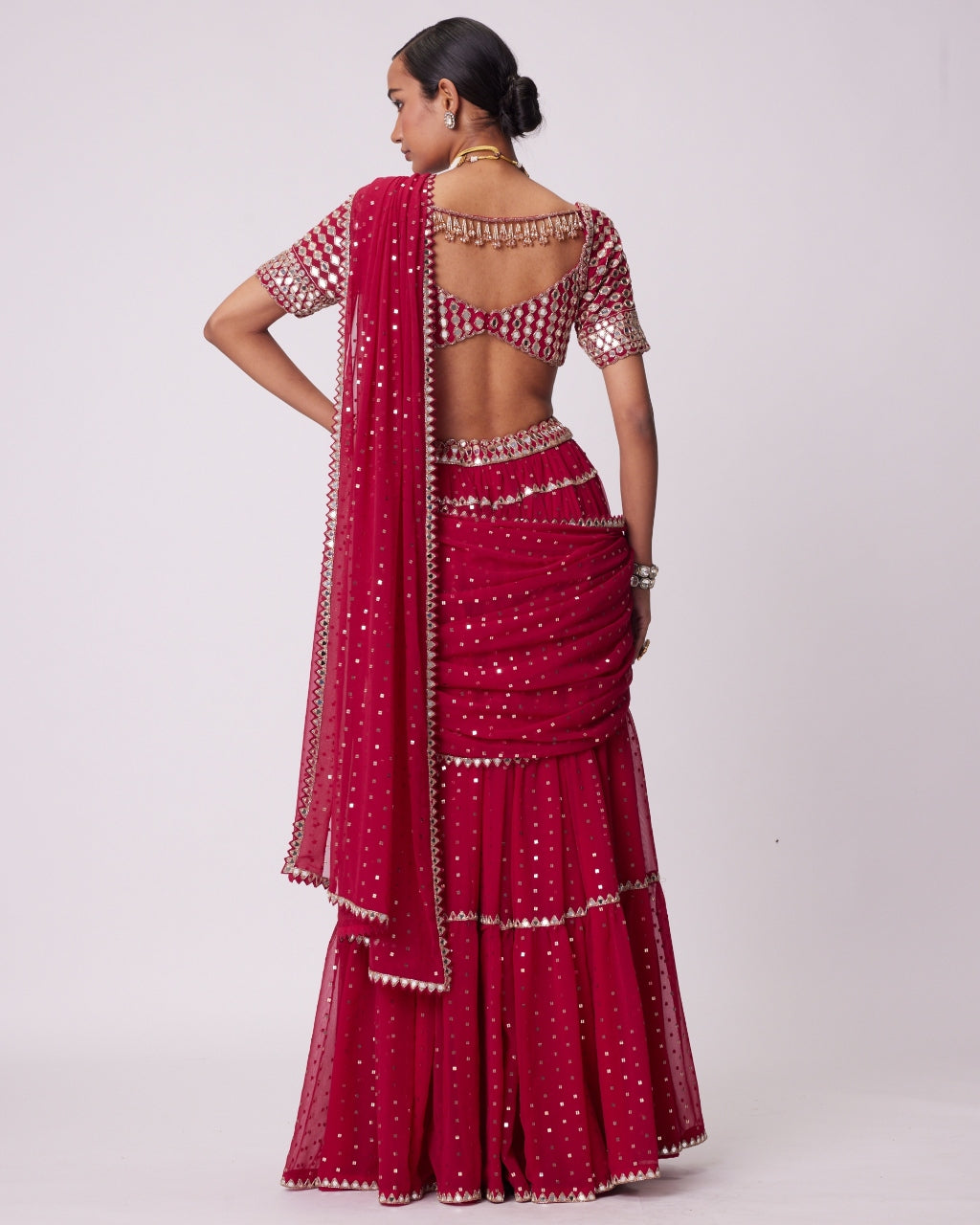 Crimson Red Multi- Tier Sequin Embroidered Sari Set