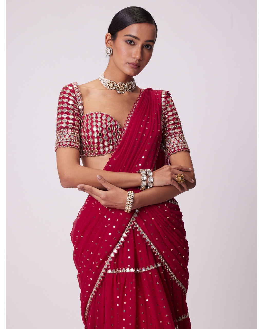 Crimson Red Multi- Tier Sequin Embroidered Sari Set