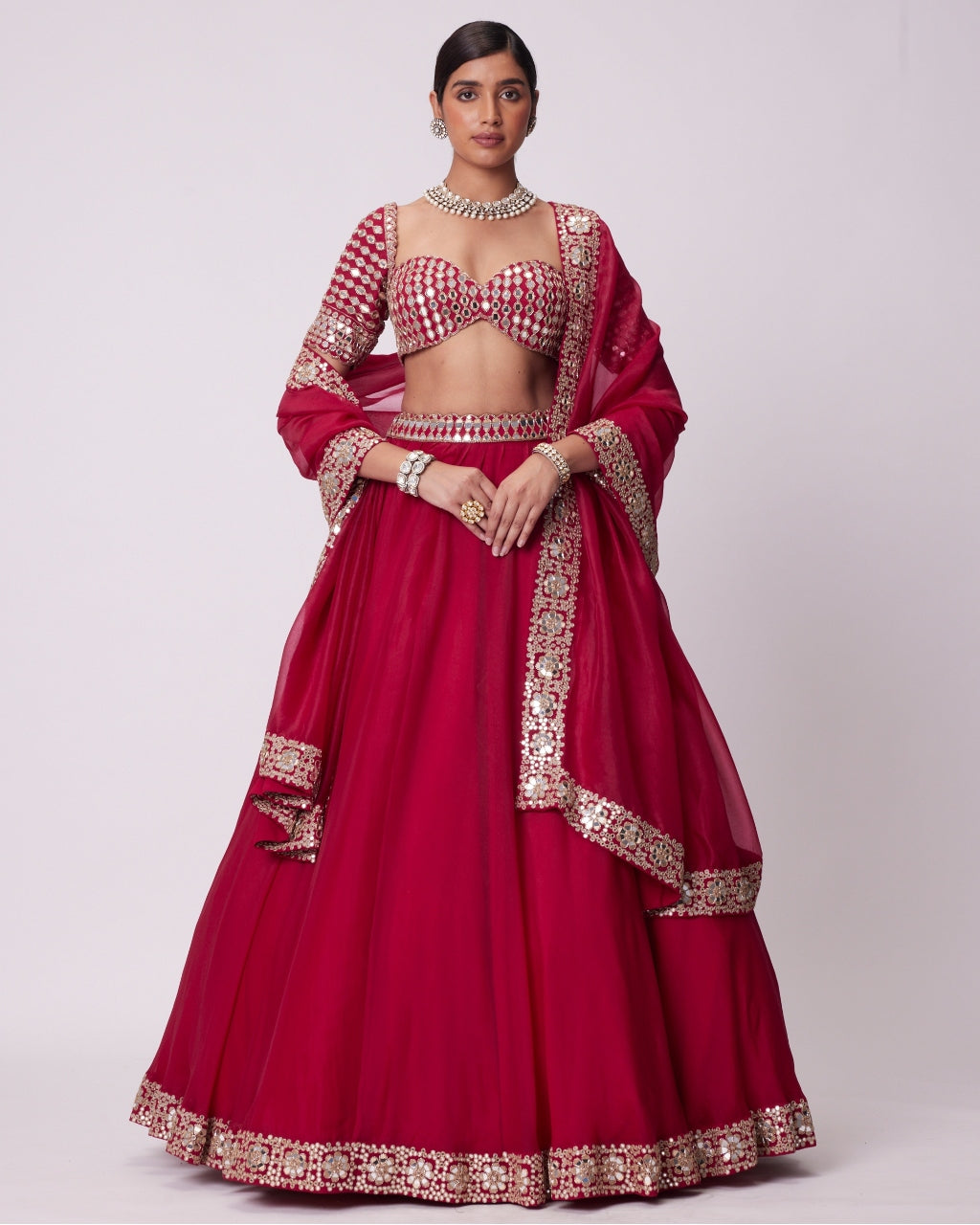 Crimson Red Organza Hand Embroidered Lehenga Set