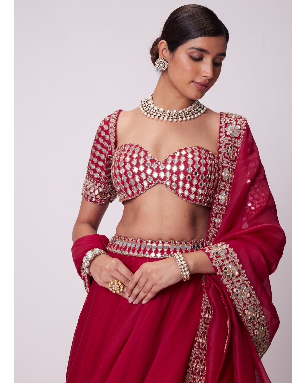 Crimson Red Organza Hand Embroidered Lehenga Set