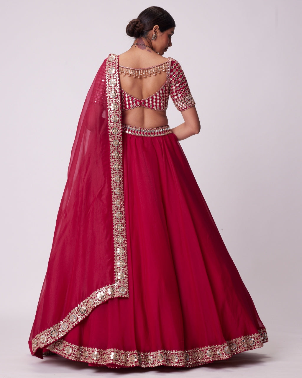 Crimson Red Organza Hand Embroidered Lehenga Set