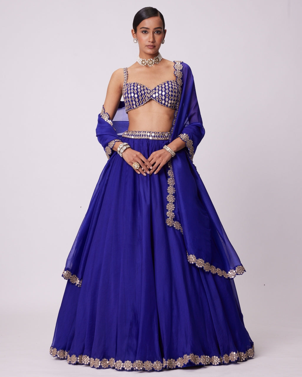 Persian Blue Linear Mirror Embroidered Lehenga Set