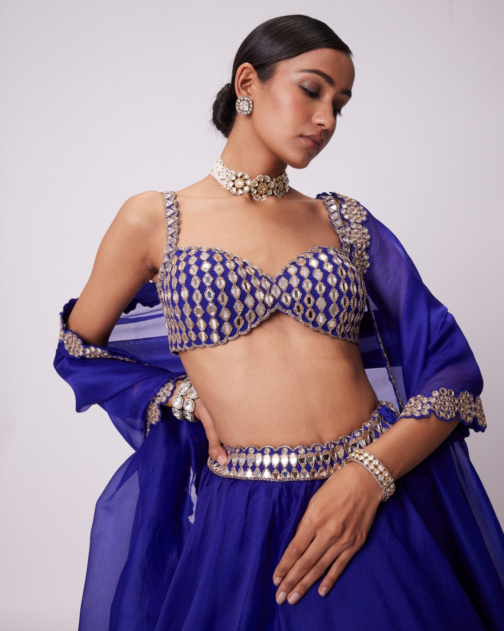 Persian Blue Linear Mirror Embroidered Lehenga Set