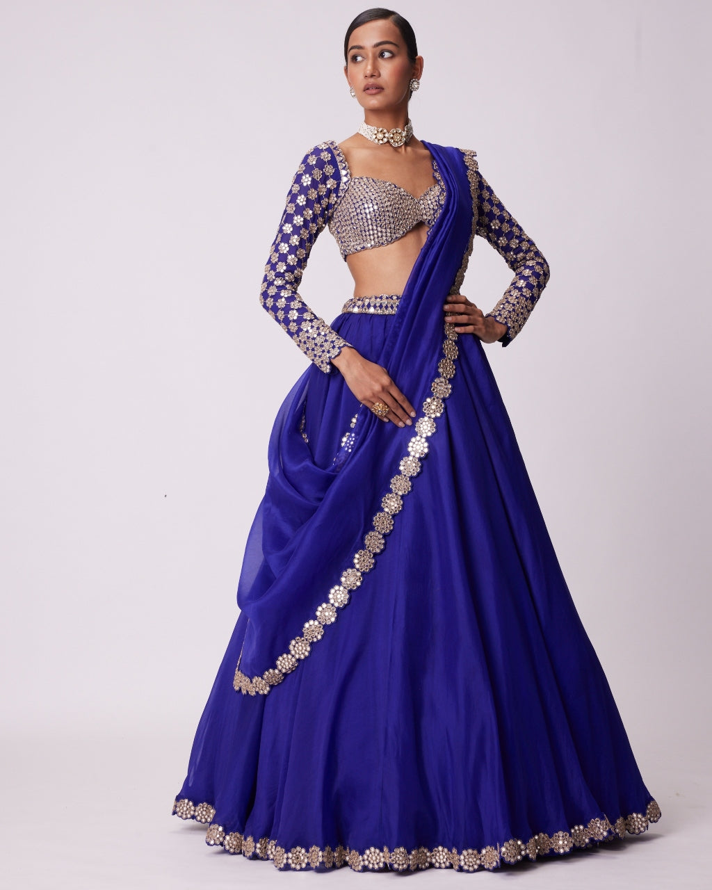 Persian Blue Linear Mirror Embroidered Lehenga Set