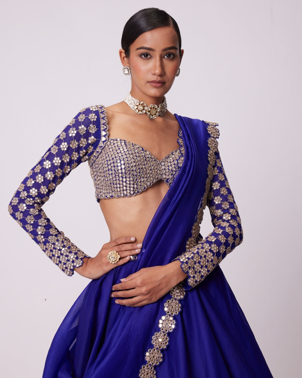 Persian Blue Linear Mirror Embroidered Lehenga Set