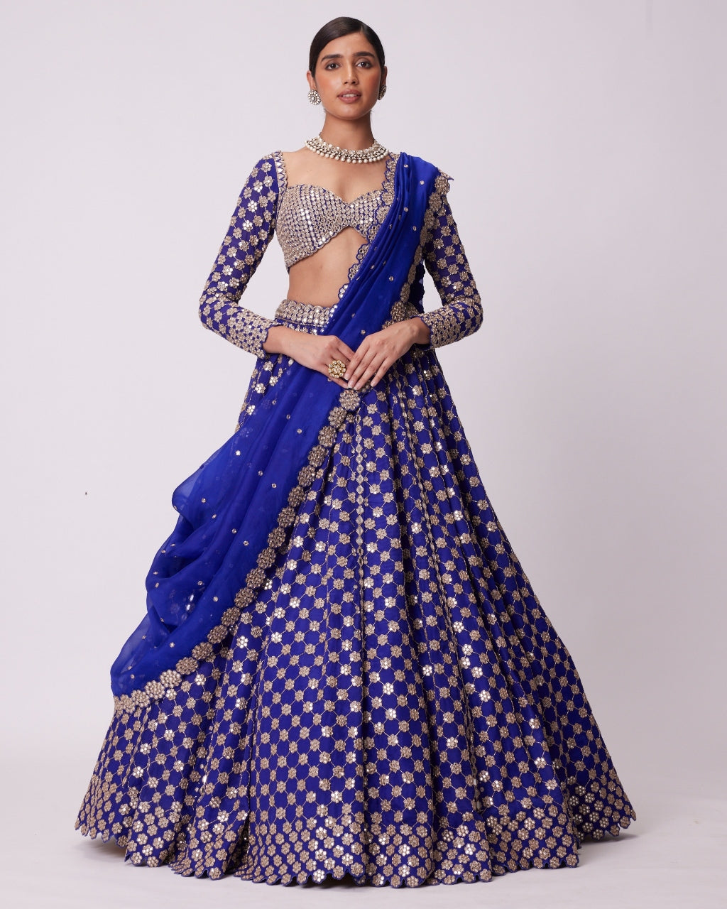 Persian Blue Mirror Flower Hand Embroidered Lehenga