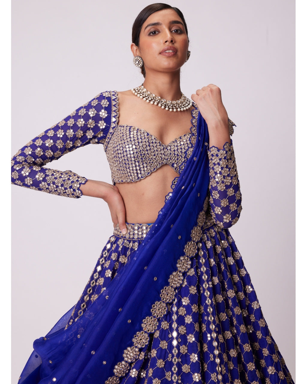 Persian Blue Mirror Flower Hand Embroidered Lehenga