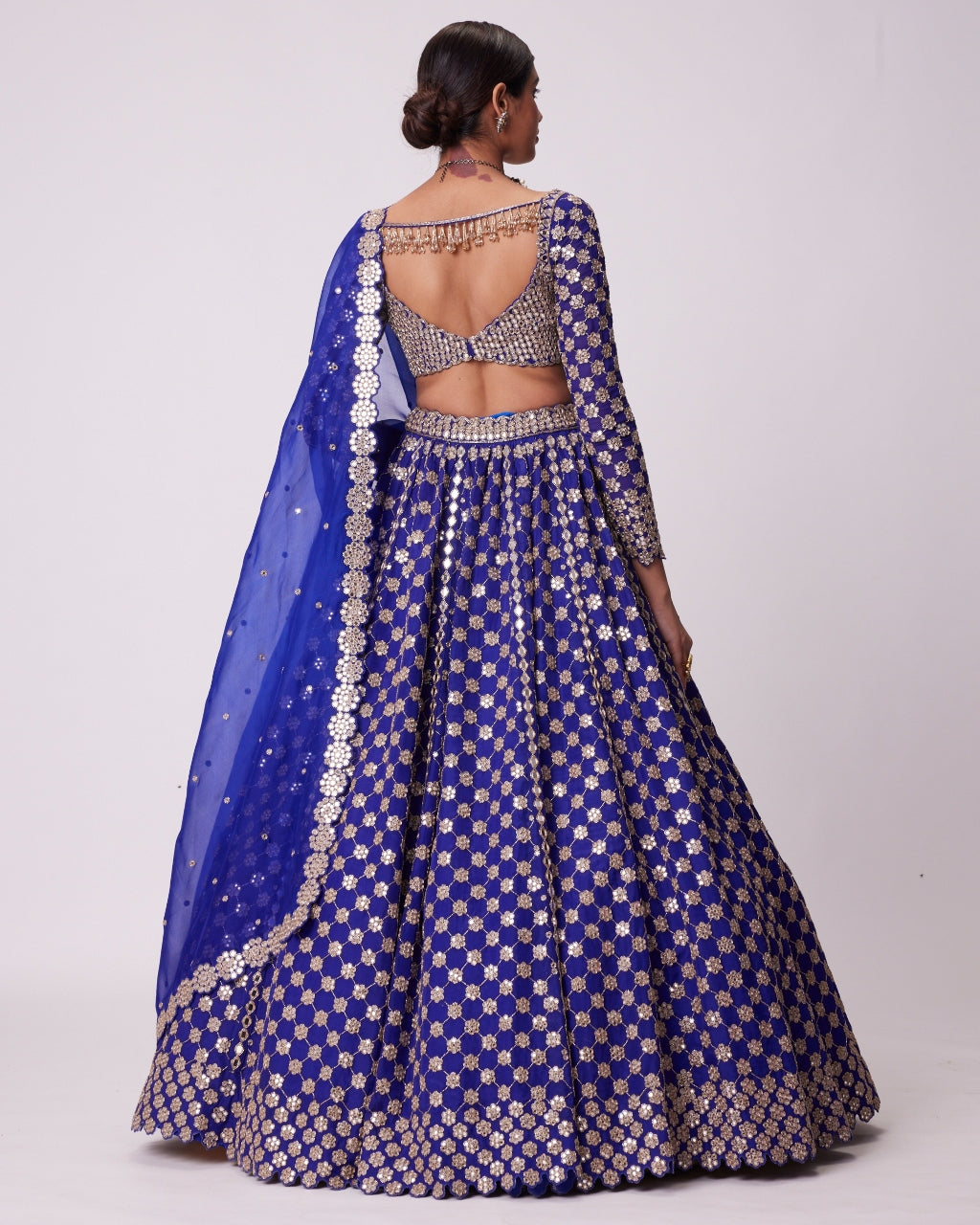 Persian Blue Mirror Flower Hand Embroidered Lehenga