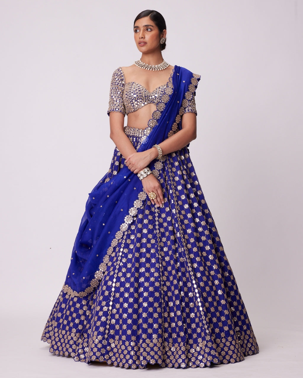 Persian Blue Mirror Flower Hand Embroidered Lehenga