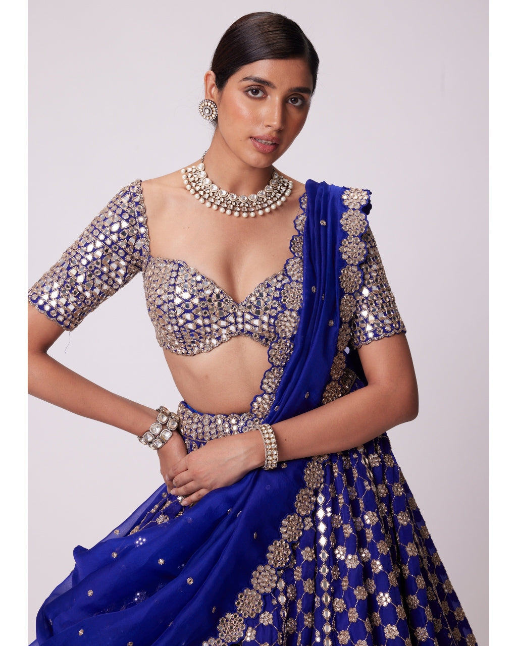 Persian Blue Mirror Flower Hand Embroidered Lehenga