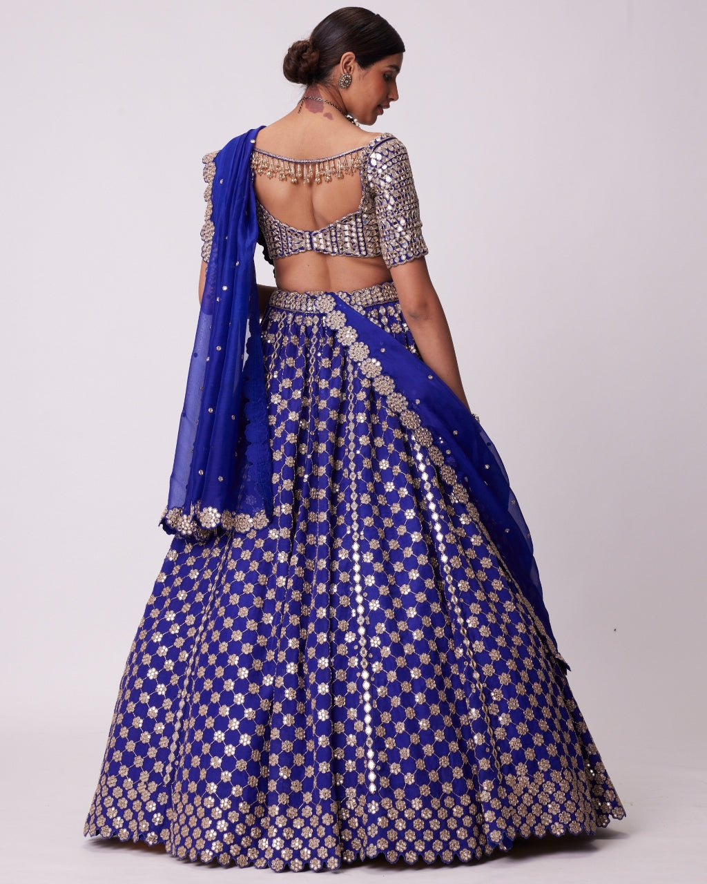 Persian Blue Mirror Flower Hand Embroidered Lehenga