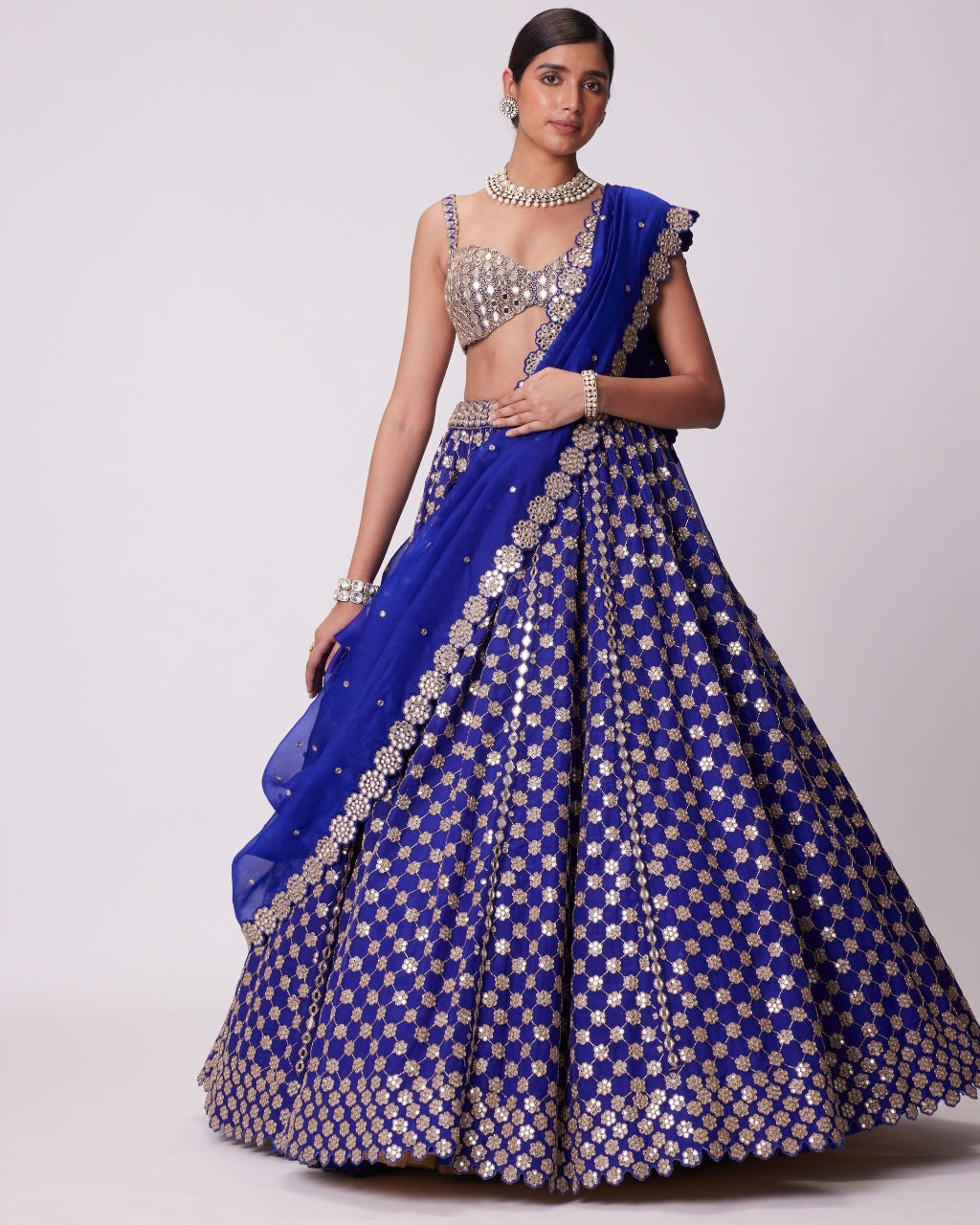 Persian Blue Mirror Flower Hand Embroidered Lehenga