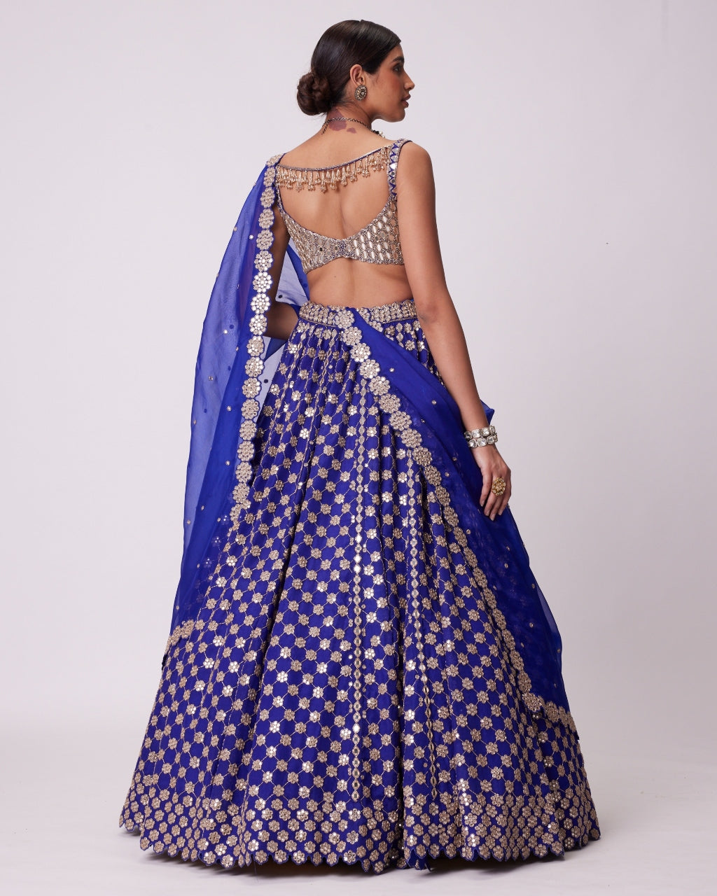 Persian Blue Mirror Flower Hand Embroidered Lehenga