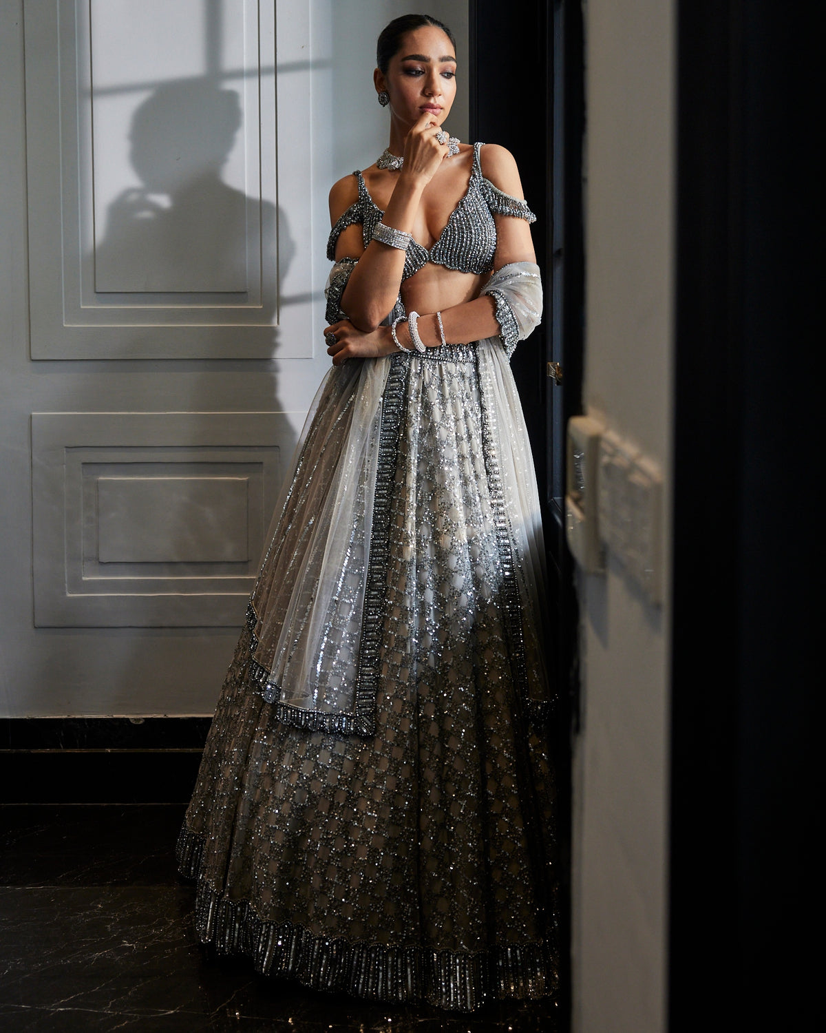 Crystal Grey Sequins Embroidered Lehenga Set