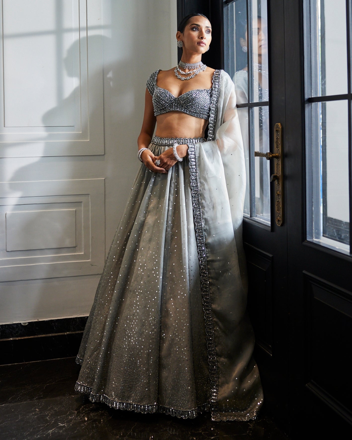 Crystal Grey Sequins Scattered Organza Lehenga Set