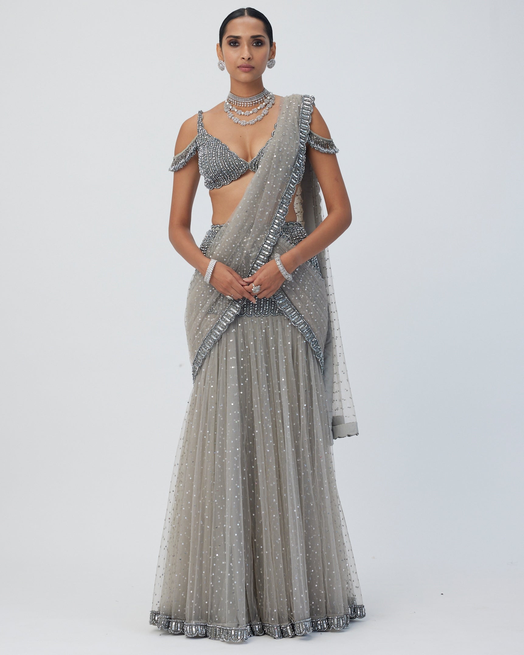 Crystal Grey Sequin Scattered Pre Draped Sari Set