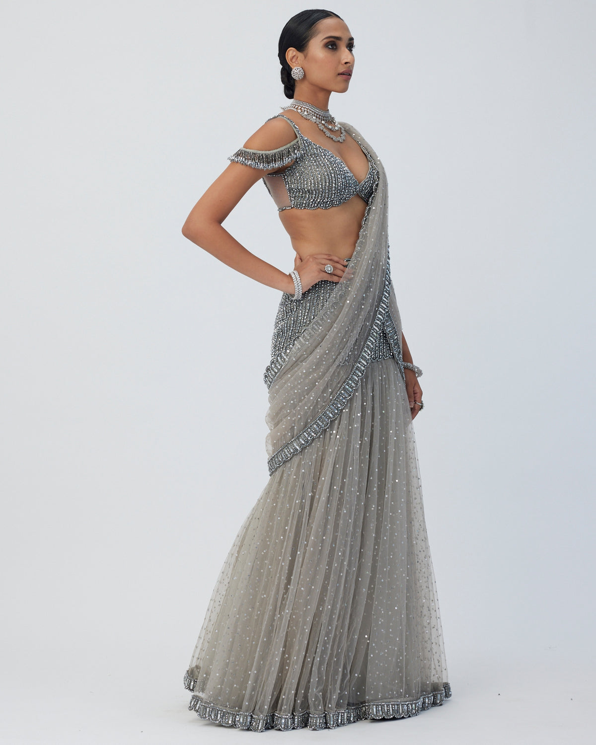 Crystal Grey Sequin Scattered Pre Draped Sari Set