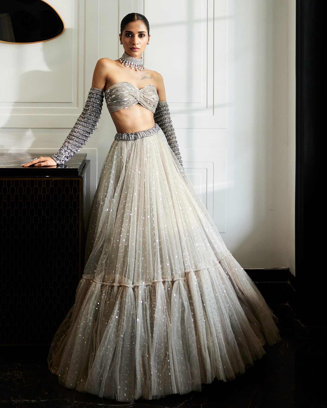 Crystal Grey Tulle Lehenga Set