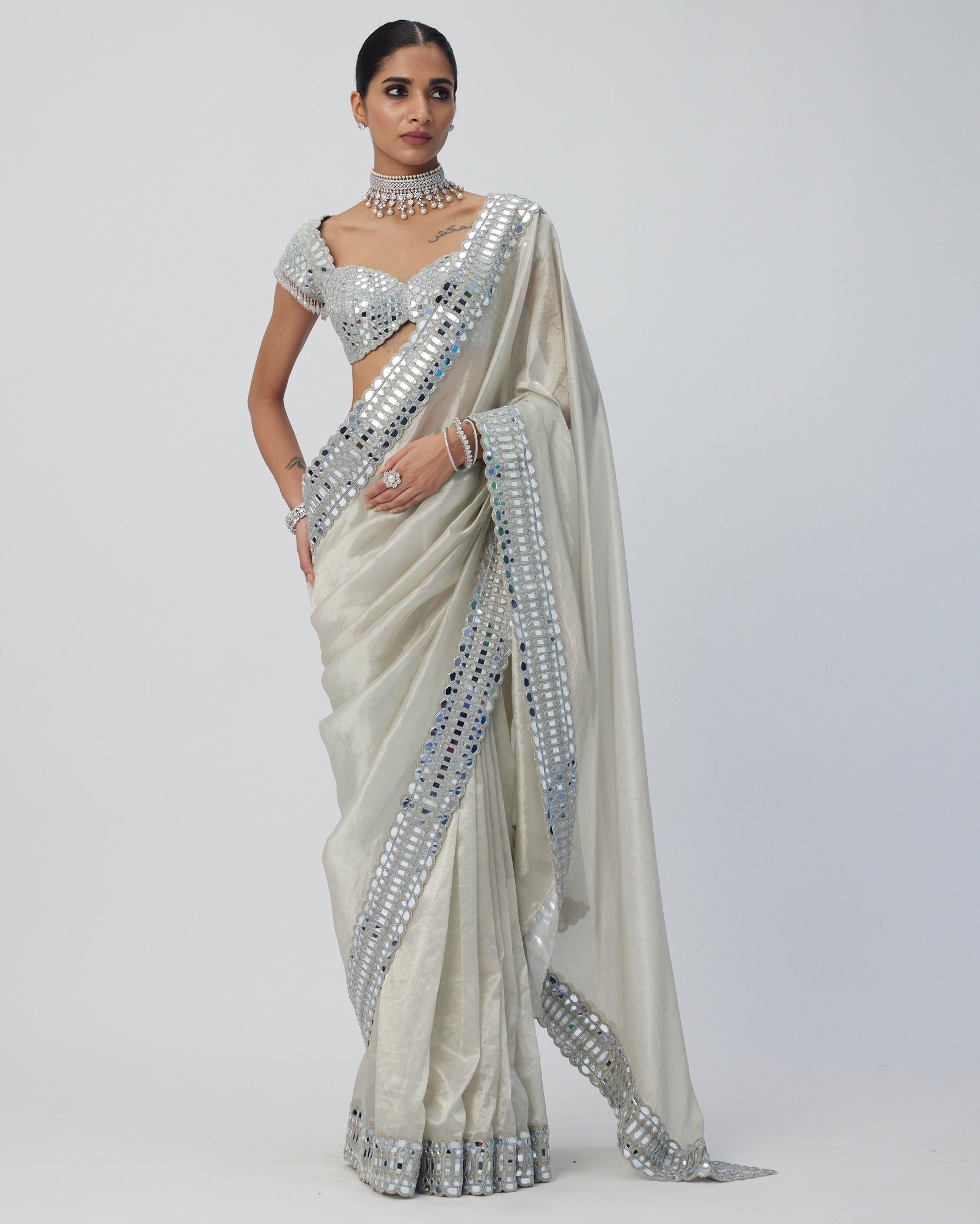 Silver Shimmer Organza Sari Set