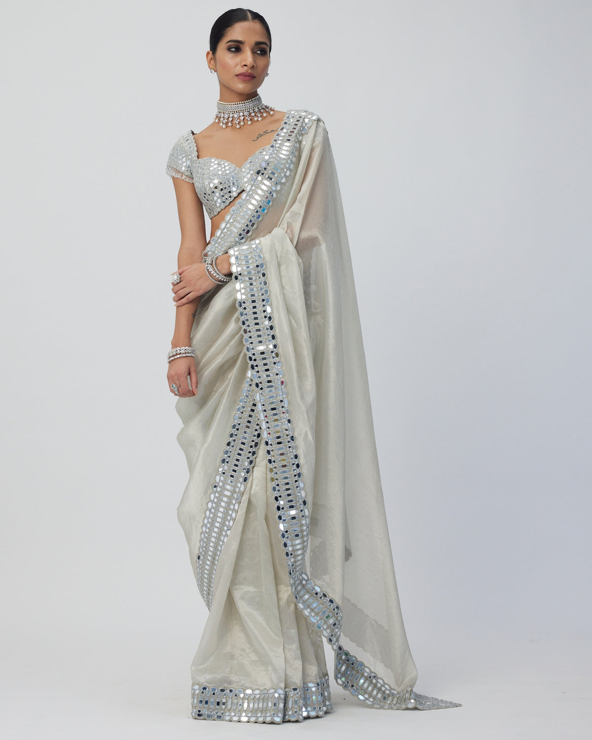 Silver Shimmer Organza Sari Set