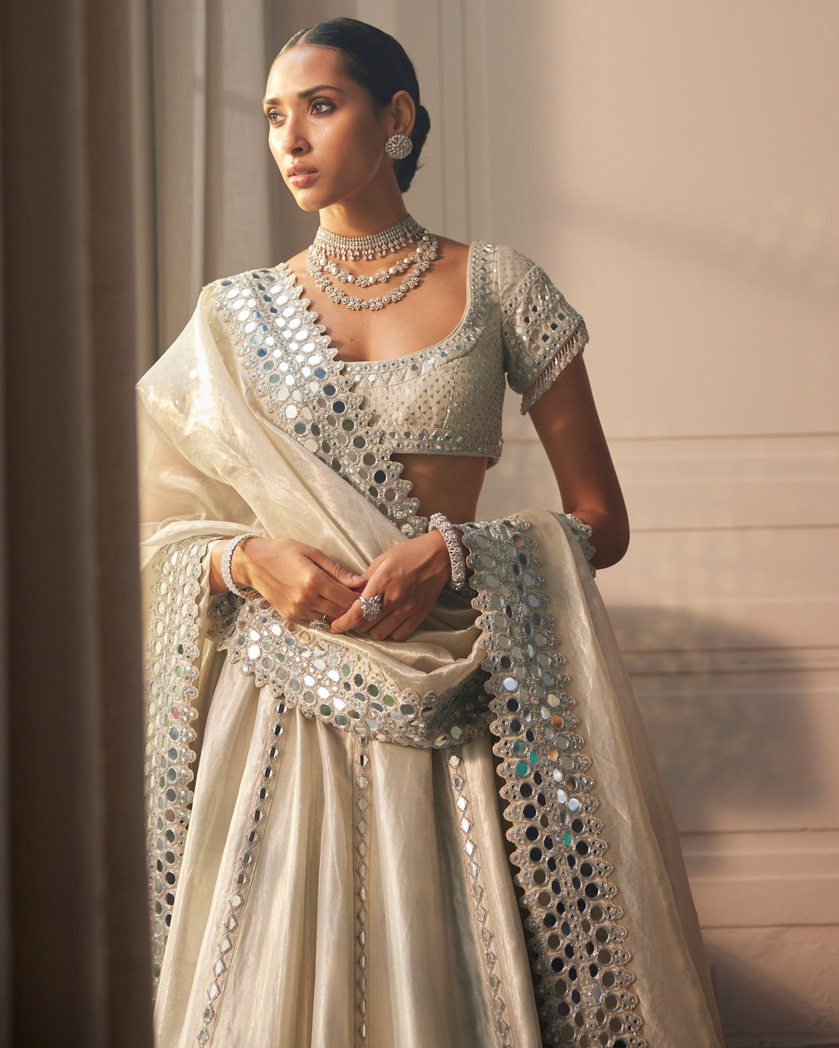 Silver Shimmer Organza Linear Lehenga Set