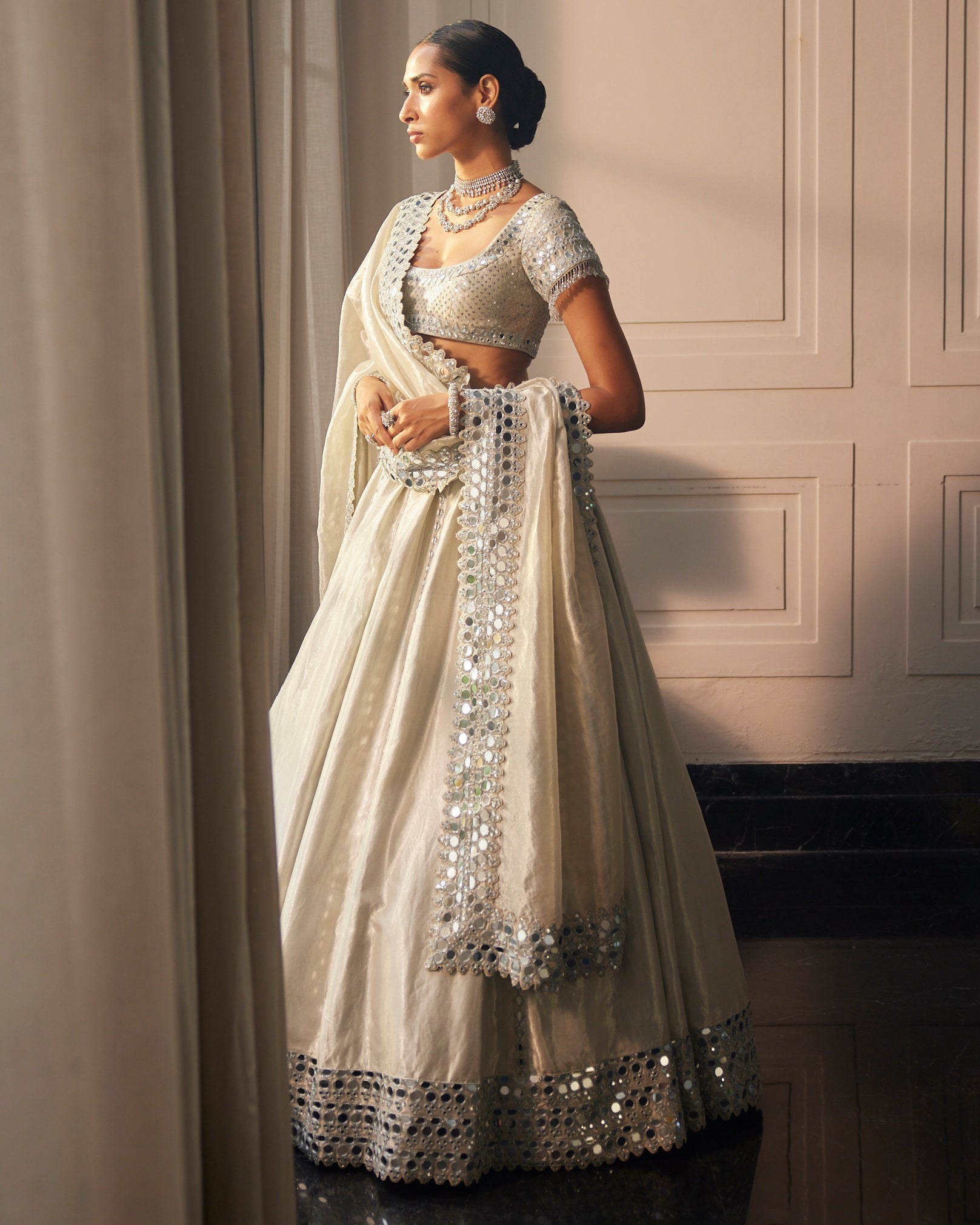 Silver Shimmer Organza Linear Lehenga Set