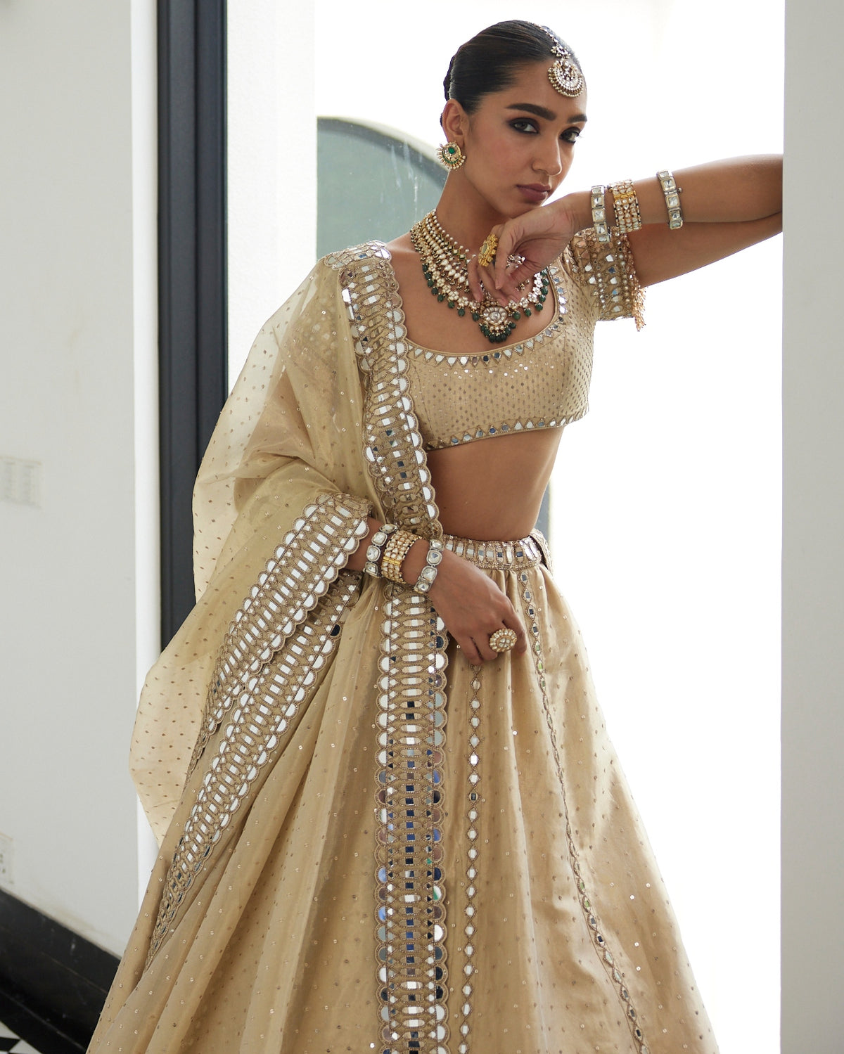 Golden Shimmer Organza Linear Lehenga Set