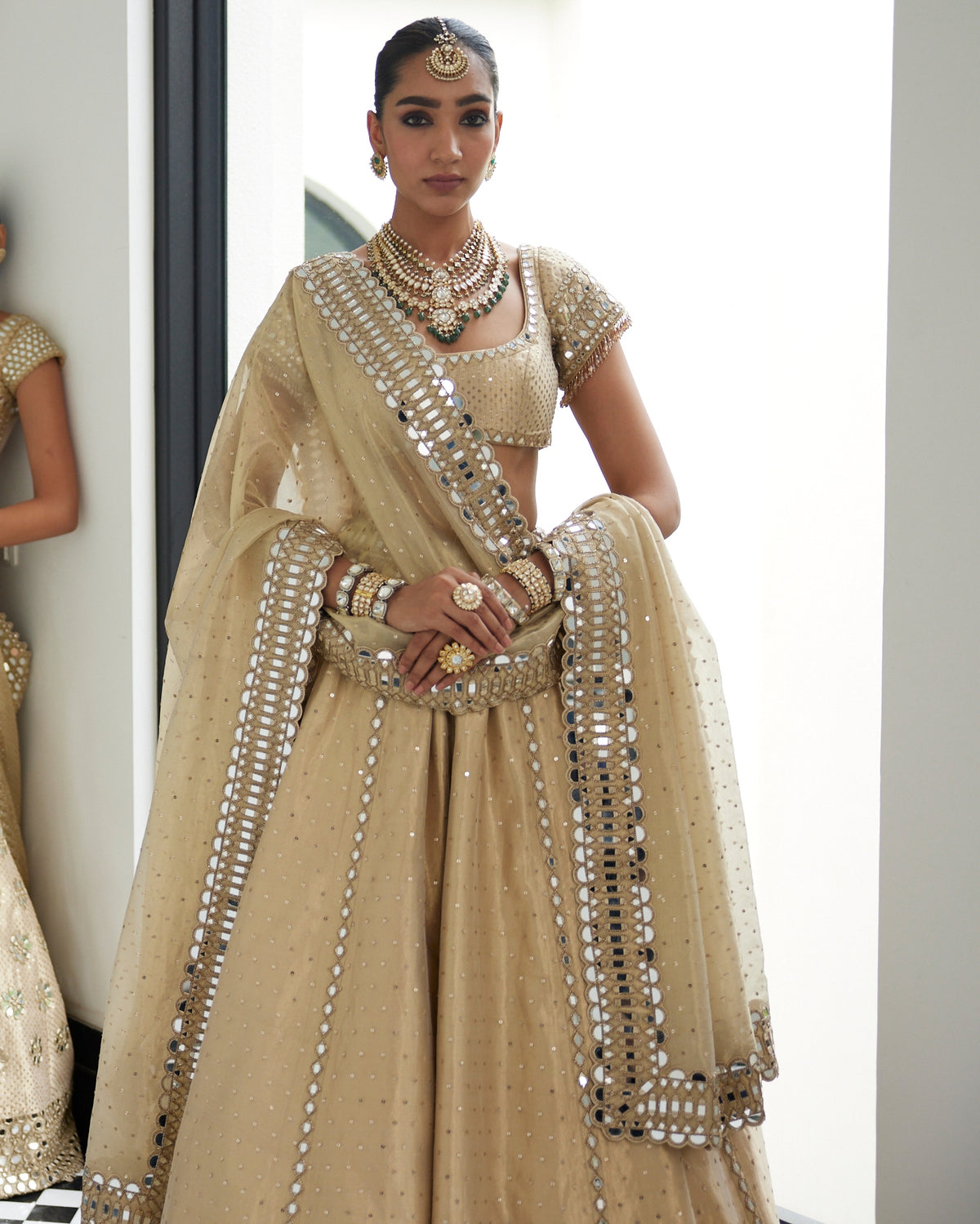 Golden Shimmer Organza Linear Lehenga Set