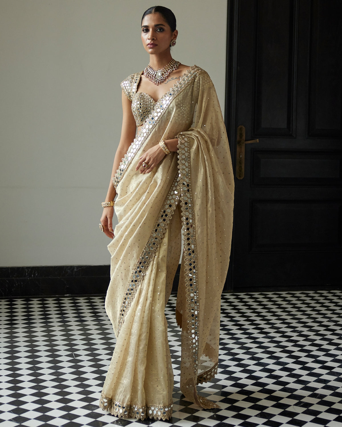 Golden Shimmer Organza Sari Set