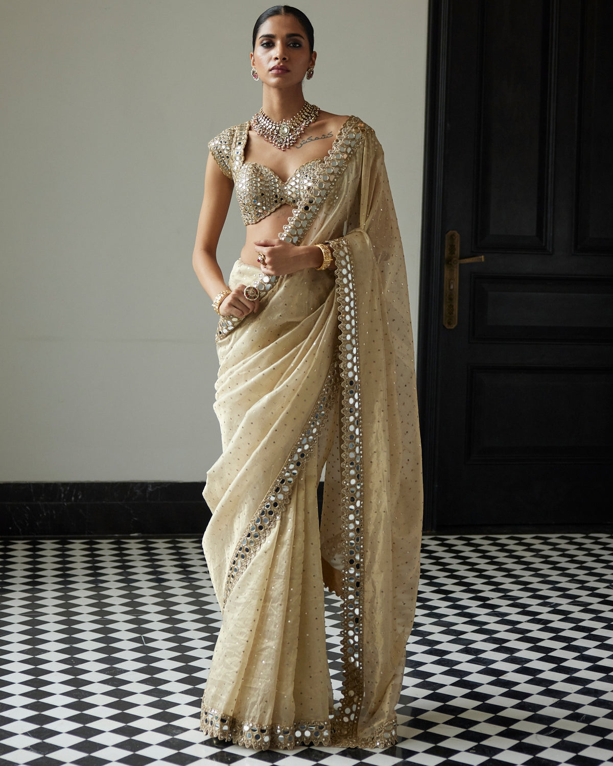 Golden Shimmer Organza Sari Set