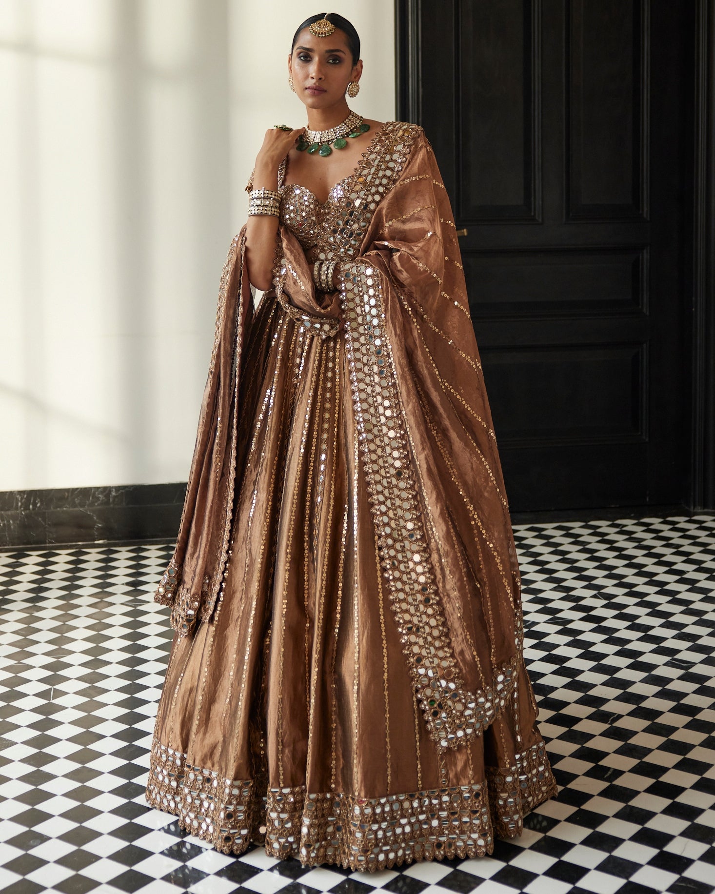 Copper Shimmer Organza Linear Lehenga Set