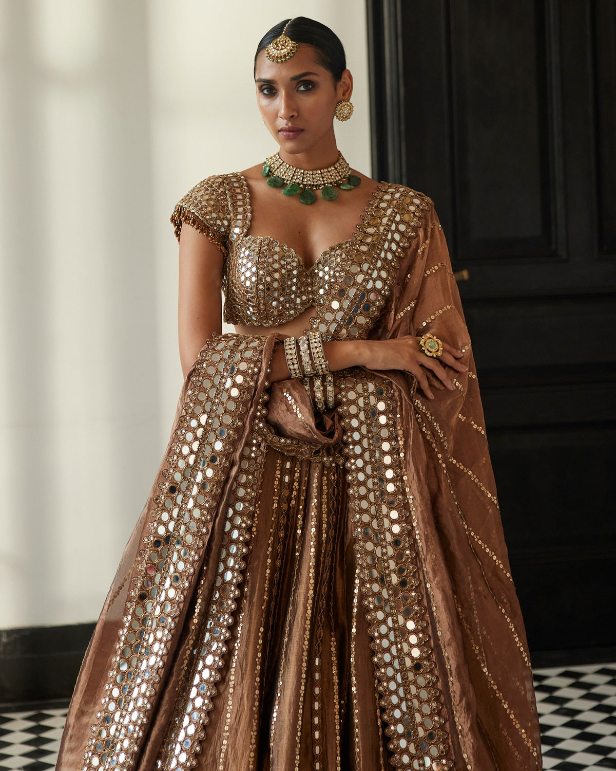 Copper Shimmer Organza Linear Lehenga Set