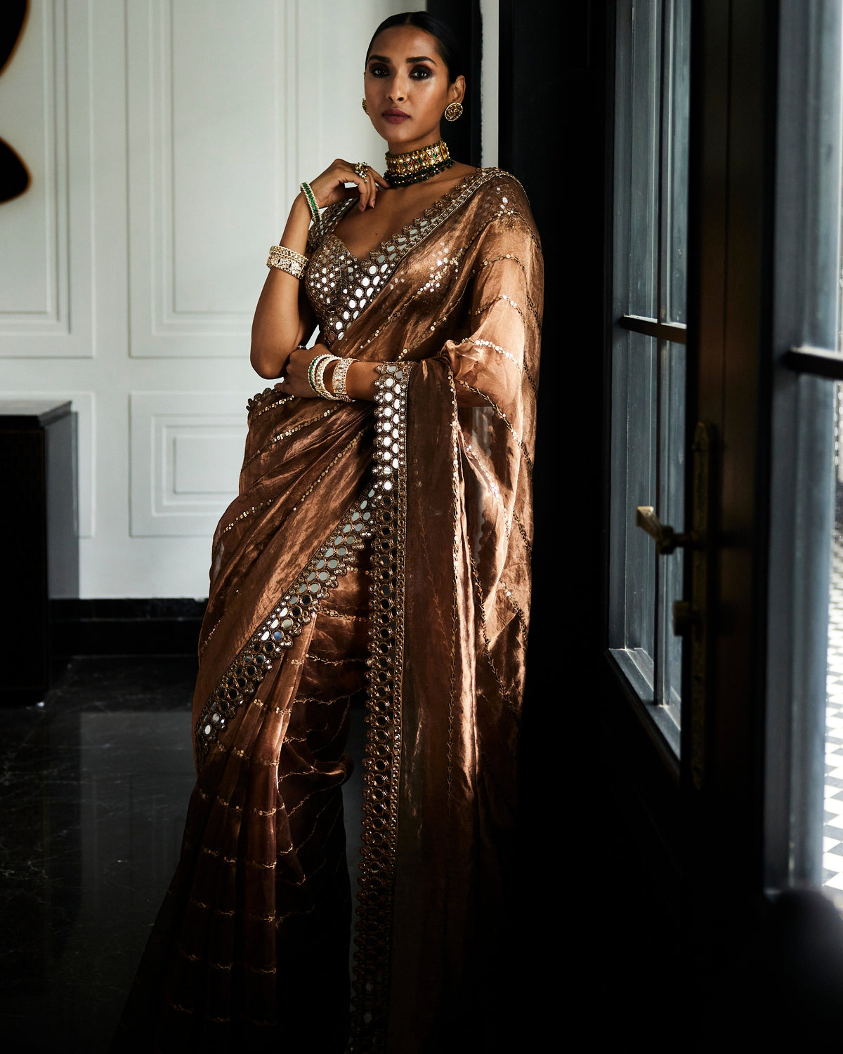 Copper Shimmer Organza Sari Set