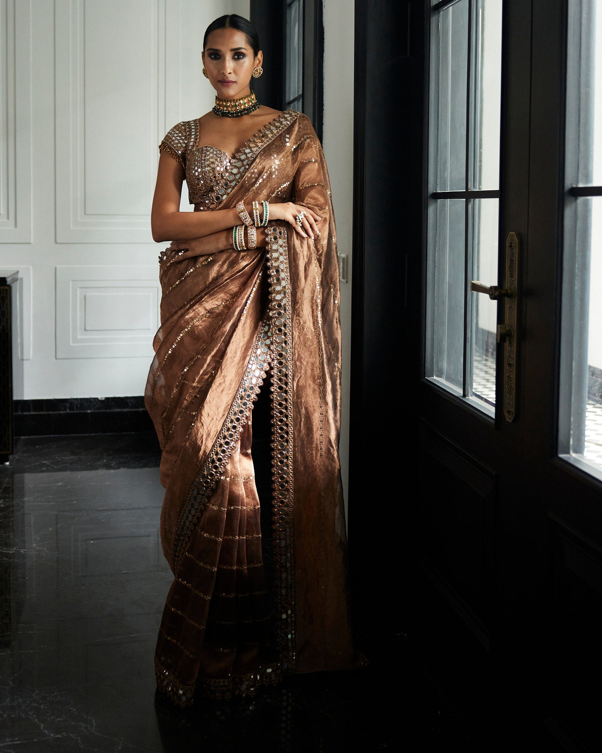 Copper Shimmer Organza Sari Set