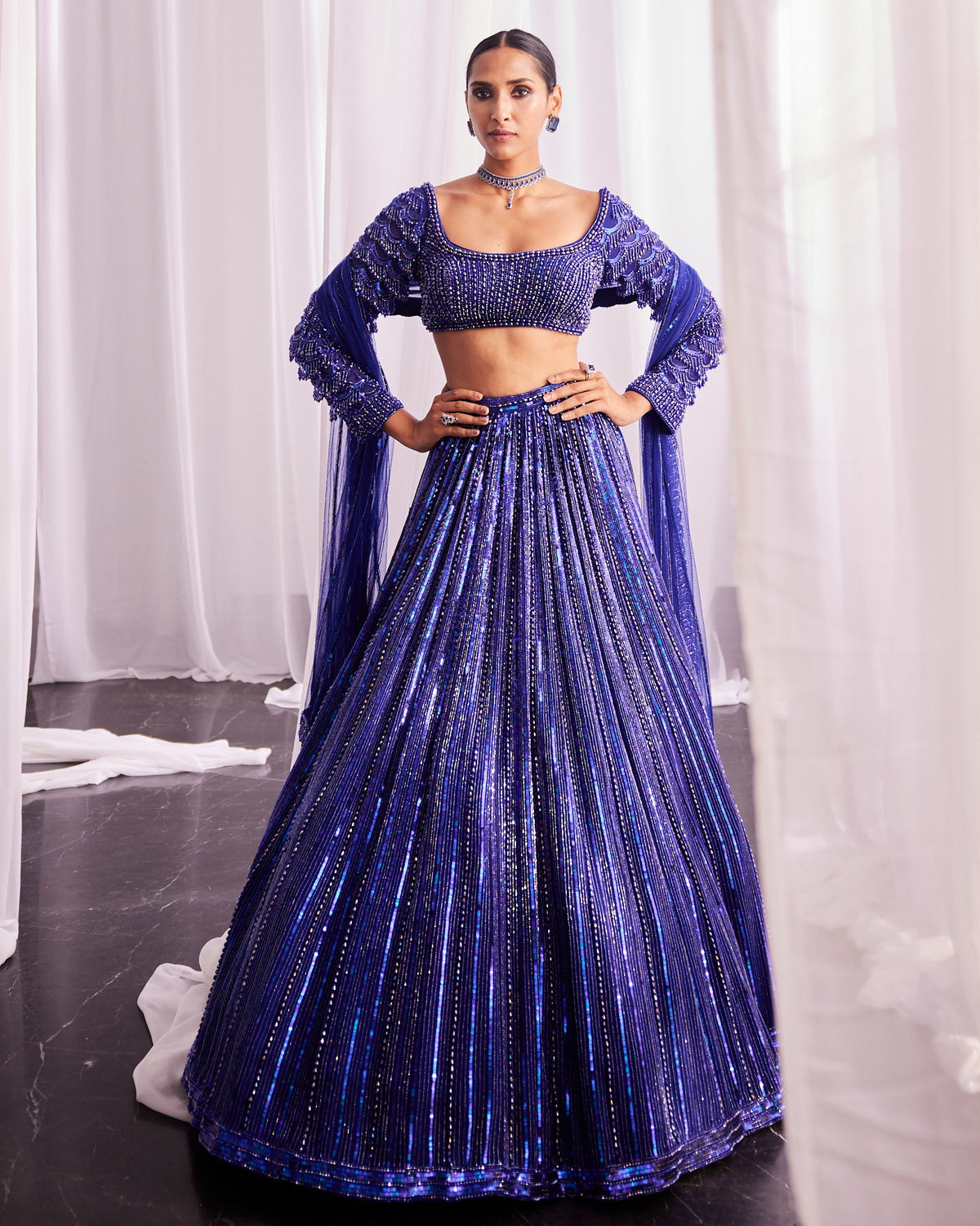 Cocktail Blue Crystal Linear Embroidered Lehenga Set