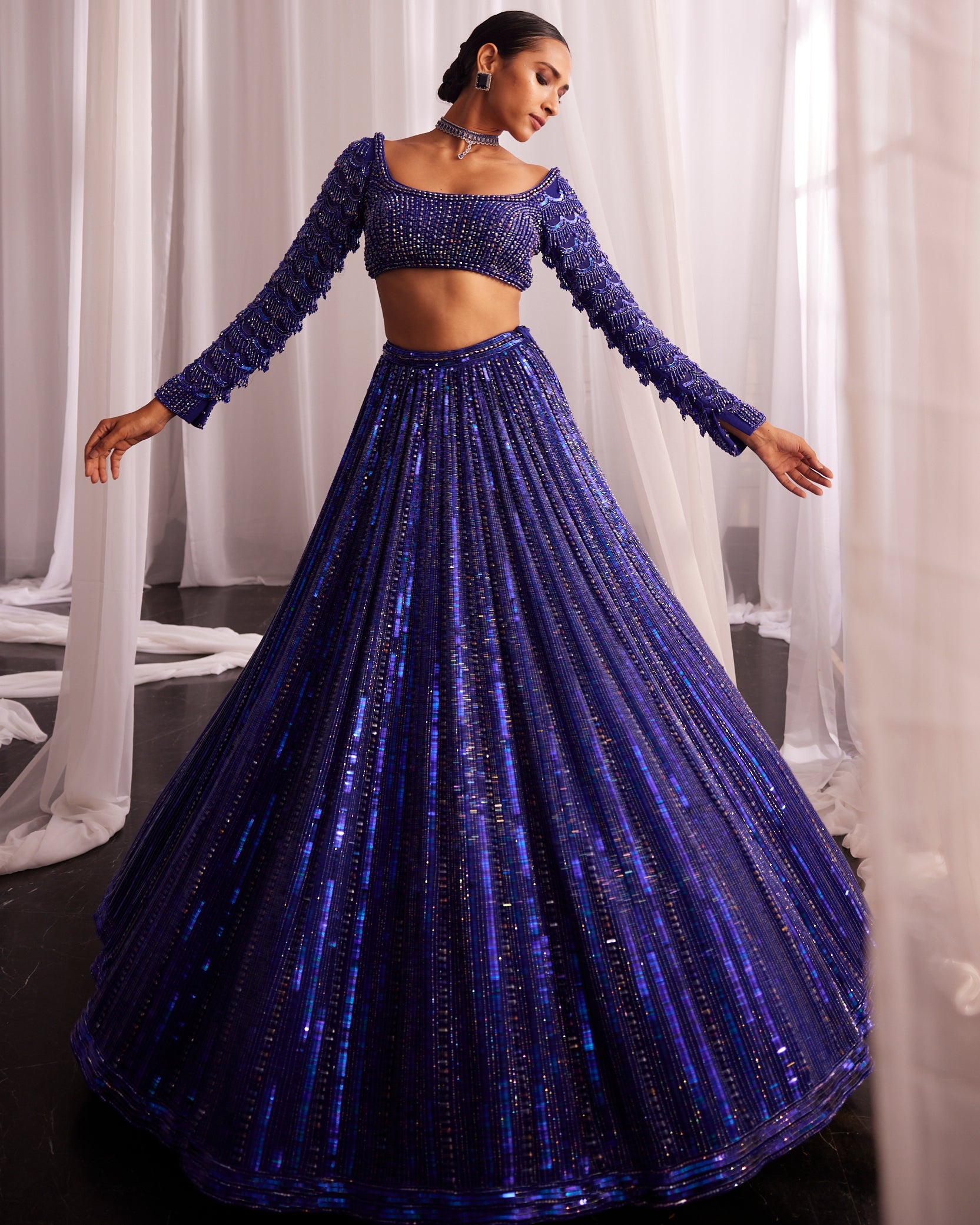 Cocktail Blue Crystal Linear Embroidered Lehenga Set