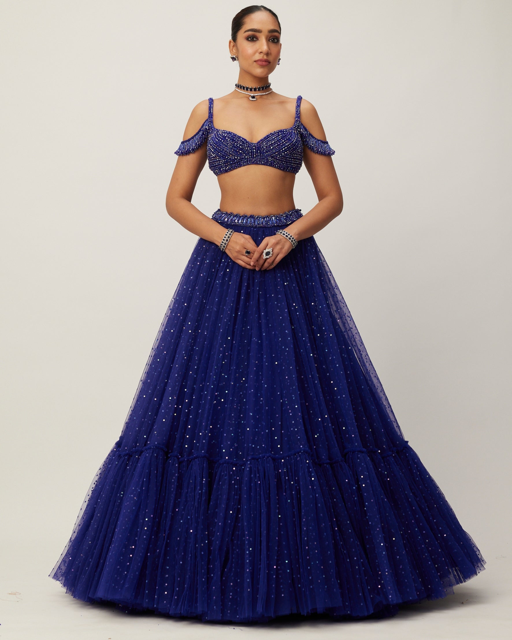 Cocktail Blue Sequins Scattered Tulle Lehenga Set