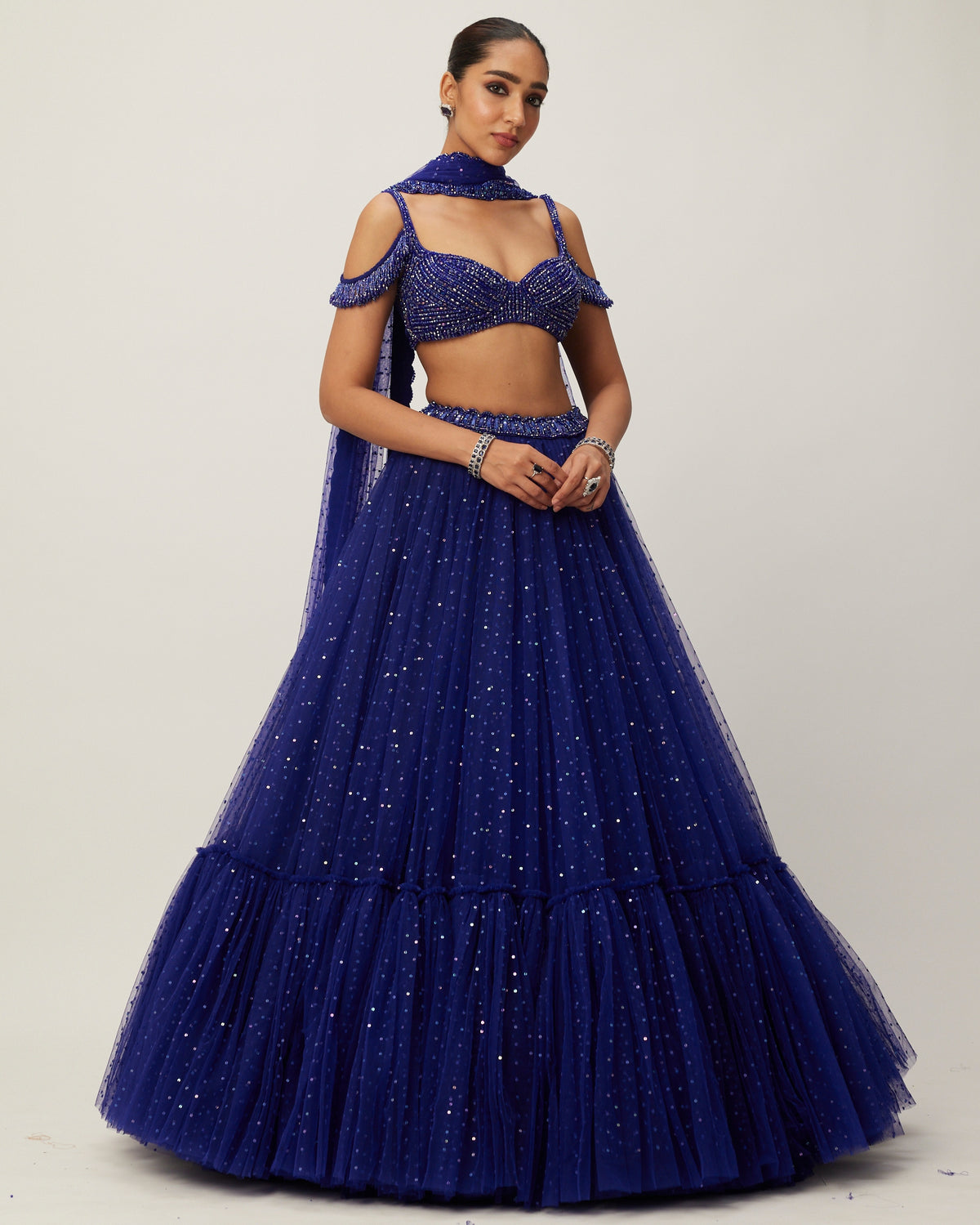 Cocktail Blue Sequins Scattered Tulle Lehenga Set