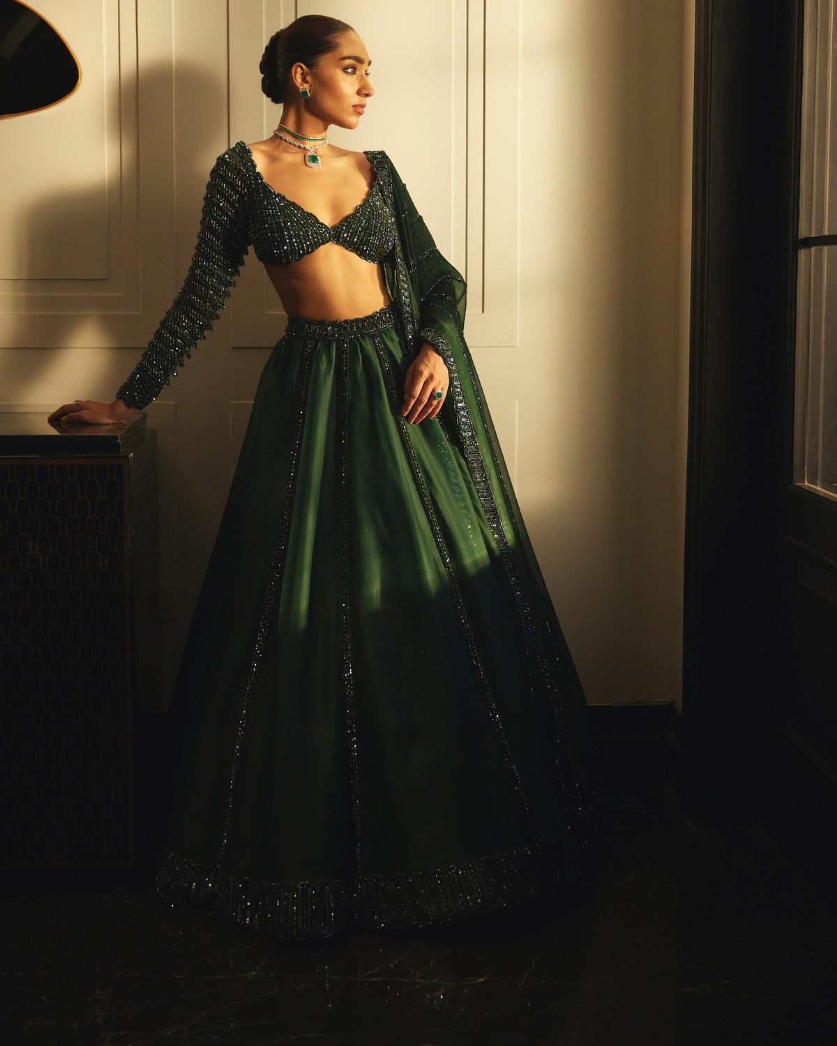 Dark Jade Green Organza Lehenga Set