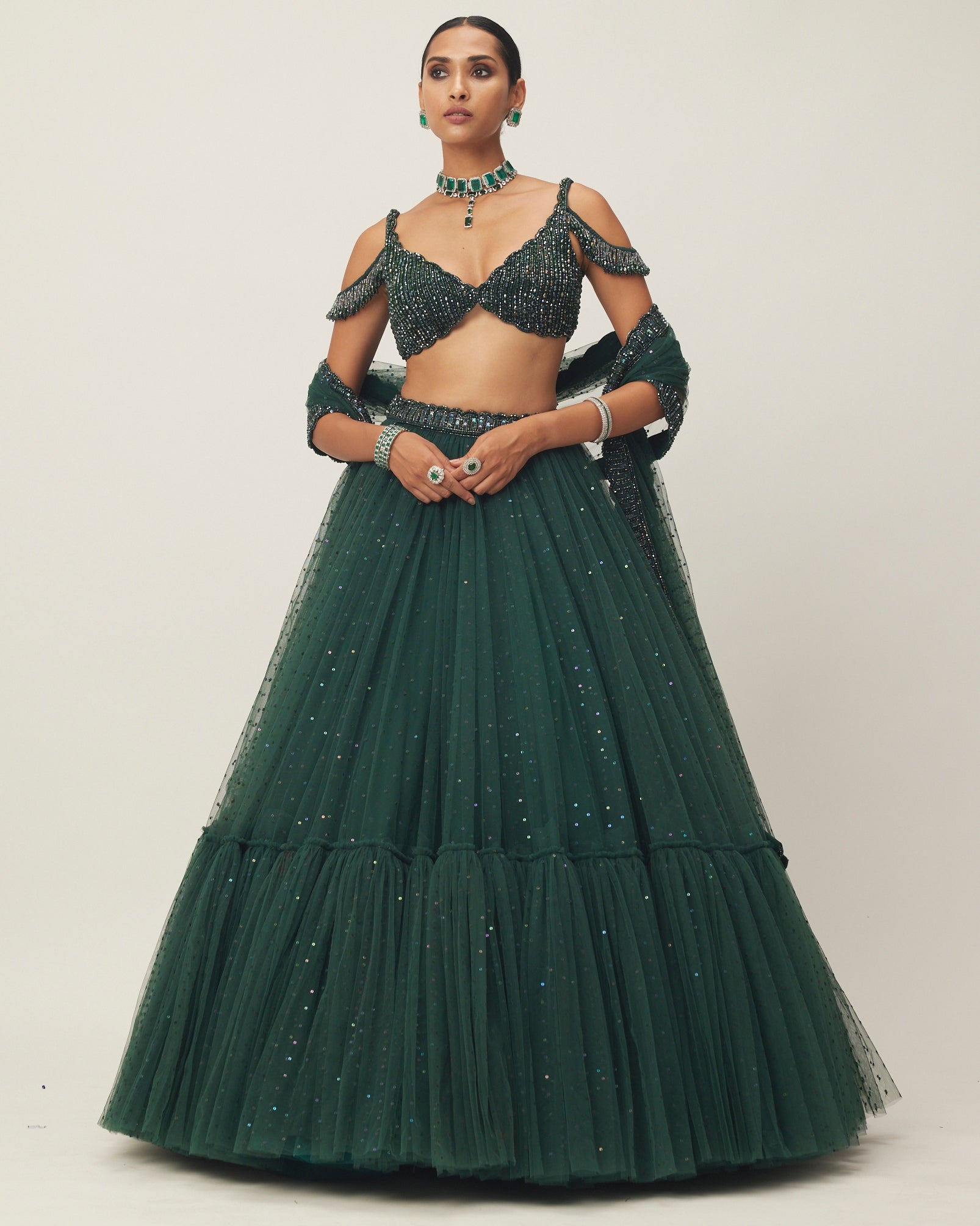 Dark Jade Green Sequins Scattered Tulle Lehenga Set