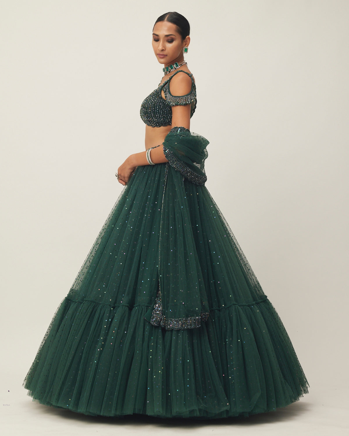 Dark Jade Green Sequins Scattered Tulle Lehenga Set