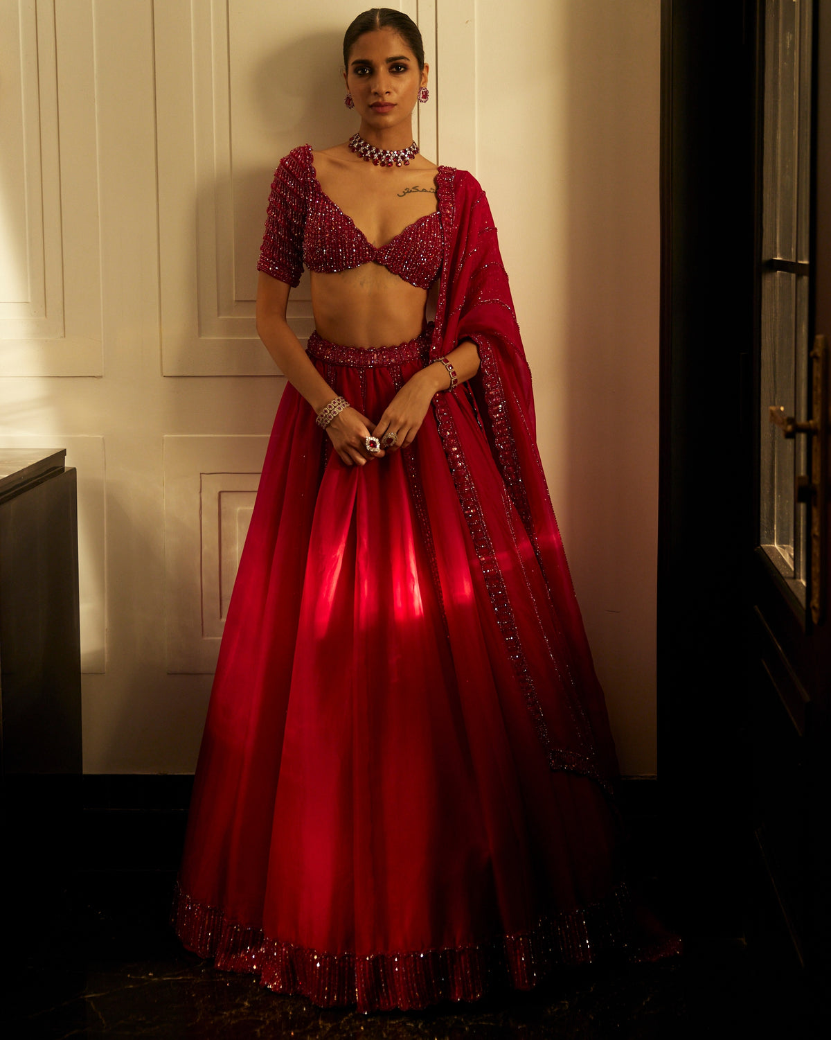 Ruby Red Organza Lehenga Set