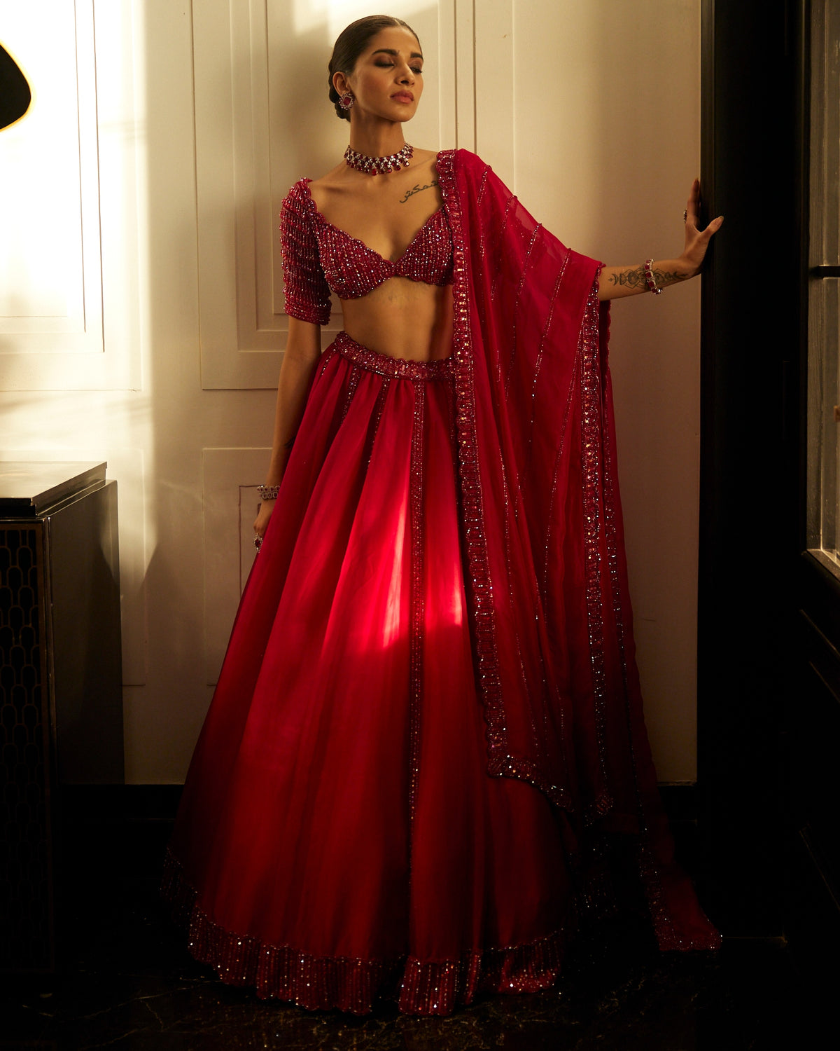 Ruby Red Organza Lehenga Set