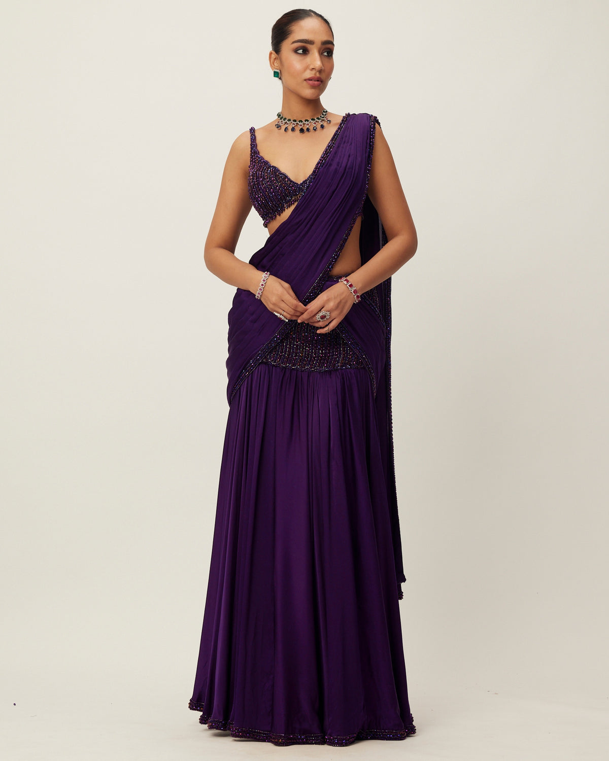 Royalty Purple Pre Draped Crystal Beaded Sari Set