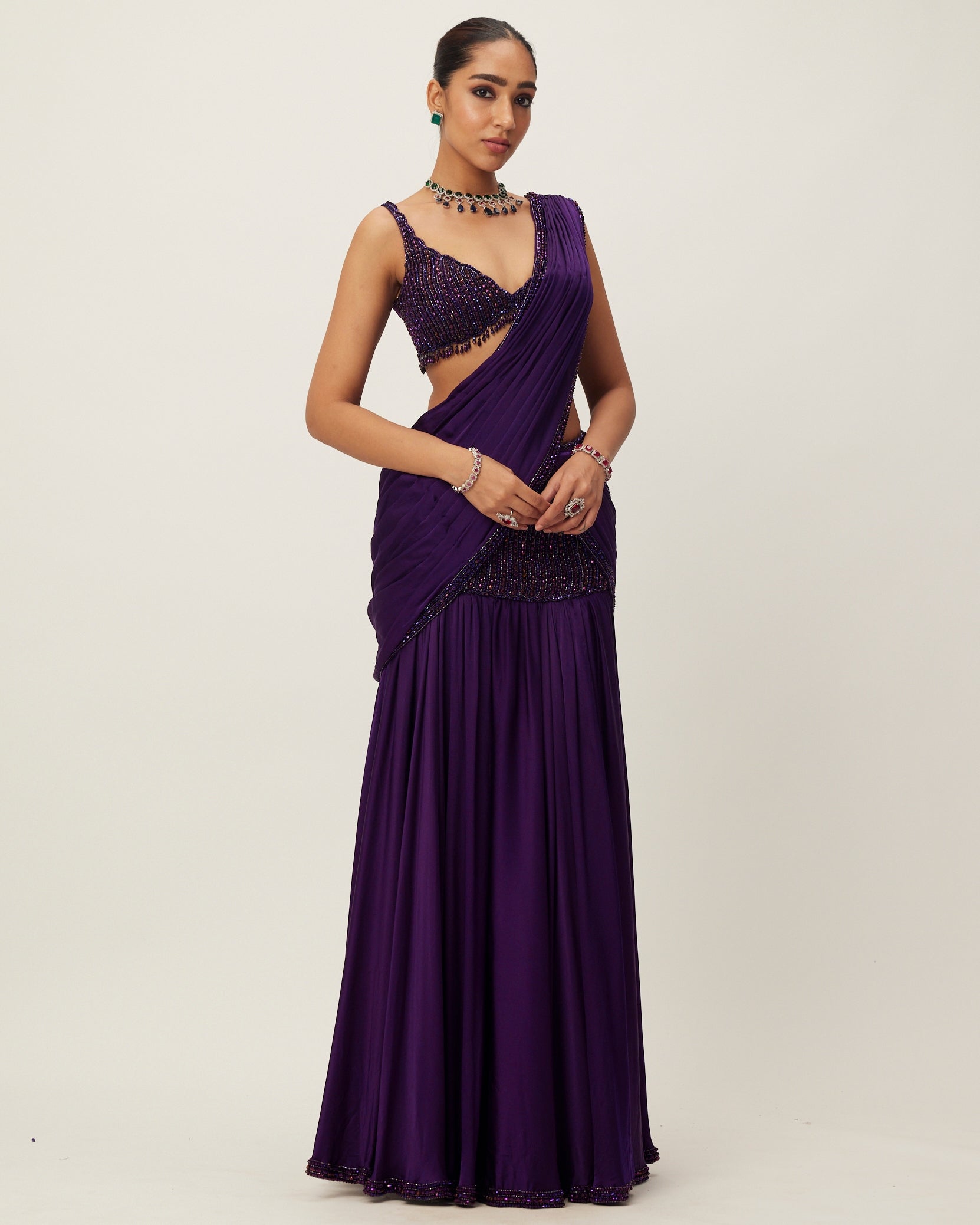 Royalty Purple Pre Draped Crystal Beaded Sari Set