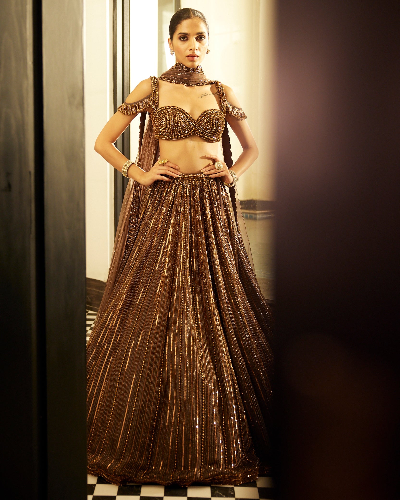 Copper Crystal Linear Embroidered Lehenga Set