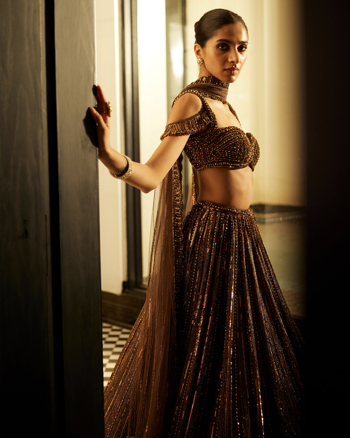 Copper Crystal Linear Embroidered Lehenga Set