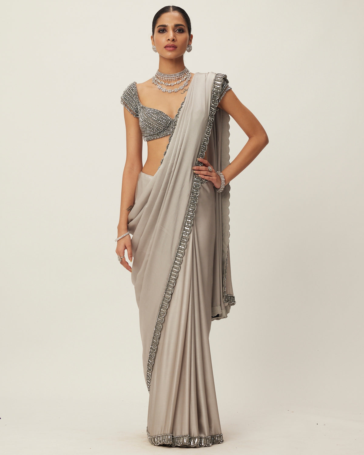 Crystal Grey Satin Sari Set